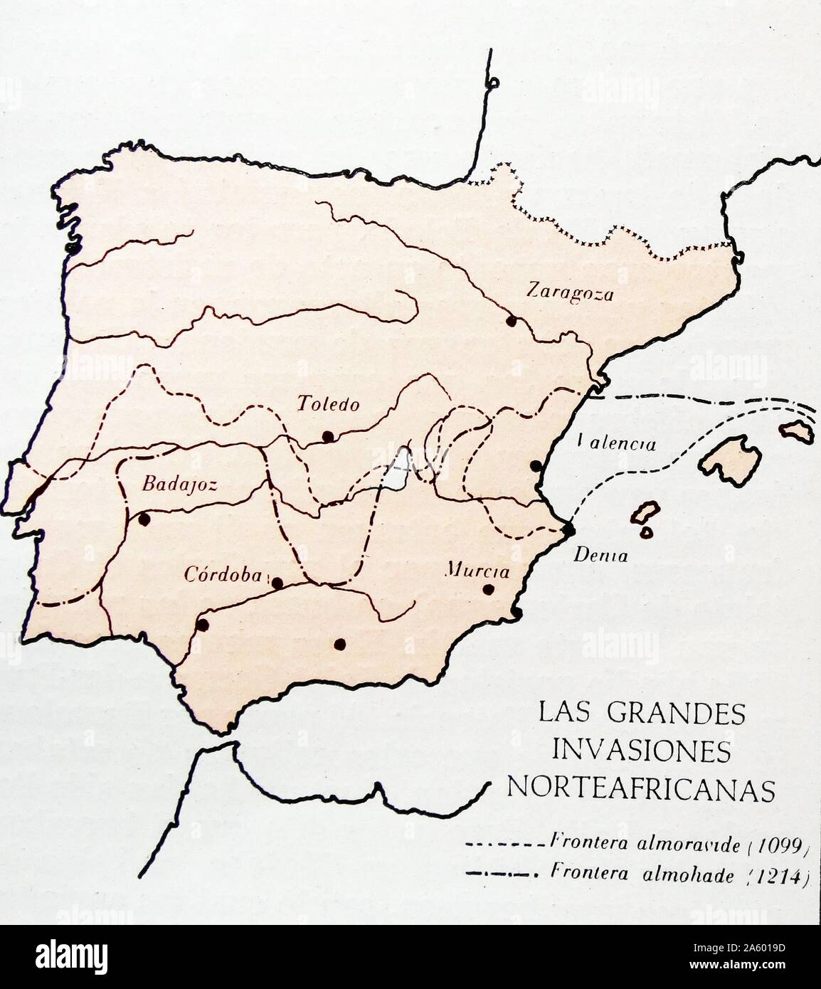 Map showing moslem invasions of Spain between 1099-1214 AD Stock Photo