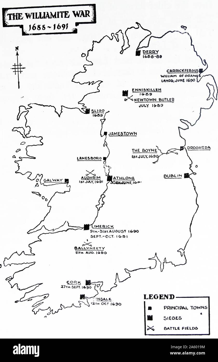 Map depicting the Williamite War in Ireland (1688–1691). A conflict between Jacobite's (supporters of the English Catholic King James II) and Williamites (supporters of the Dutch Protestant Prince William of Orange) over who would be King of England; Scotland and Ireland. It is also called the Jacobite War in Ireland Stock Photo