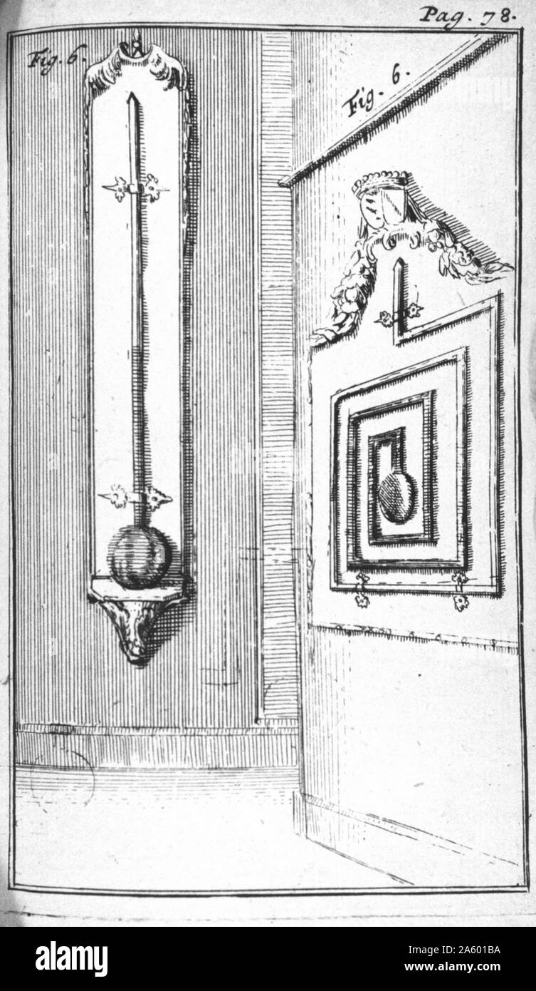 A Decorative Thermometer. Frontispiece to 'Traittez de barometres, thermometres, et notiometres, ou hygrometres' by Joachim d'Alence, d. 1707. Published in 1688 Stock Photo