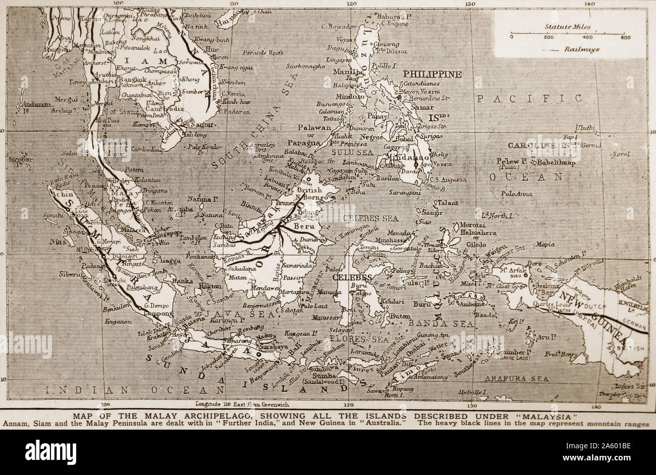 1900 Map of south East Asia showing the Philippines; Malaya; Indonesia (Dutch East Indies). Stock Photo