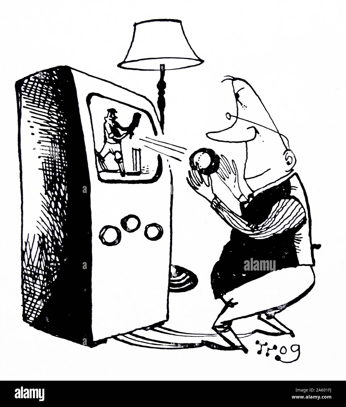 cartoon of a man catching a cricket ball which is batted out of a television as he watches cricket with great intensity. By Walter Ernest 'Wally' Fawkes (born 1924). British-Canadian jazz clarinettist and a satirical cartoonist. As a cartoonist, he generally worked under the name of 'Trog' . Stock Photo