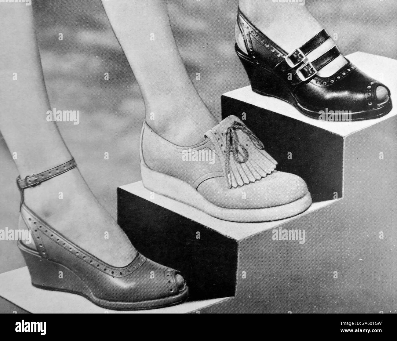 3 styles of women's shoes by 'Joyce' c1955, British shoes introduced at the end of post war rationing, marking the end of utility fashions. Stock Photo