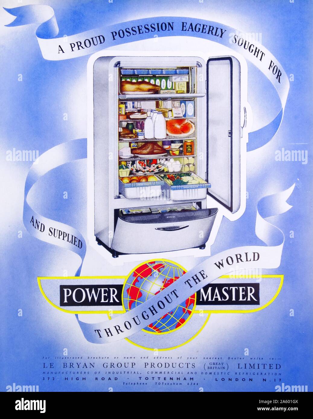 Advert for a power master electric fridge with a freezer cabinet, c1950 Britain. Stock Photo