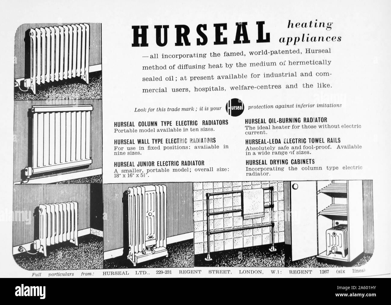 Advert for a range of heating appliances by Hurseal. The items advertised were for domestic industrial and institutional use. Dated 1950 Stock Photo