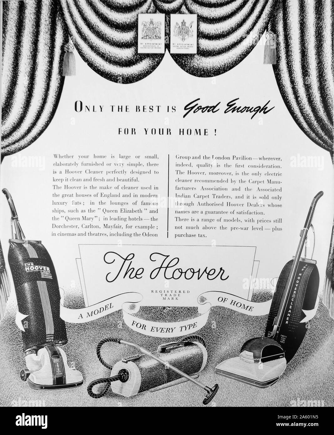 Advert for hoover electric vacuum cleaners including upright and portable versions c1955 Stock Photo