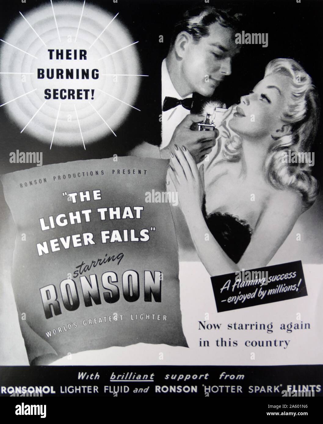 Advert for Ronson lighter fluid suggestive of romance and seduction. 1948 Stock Photo