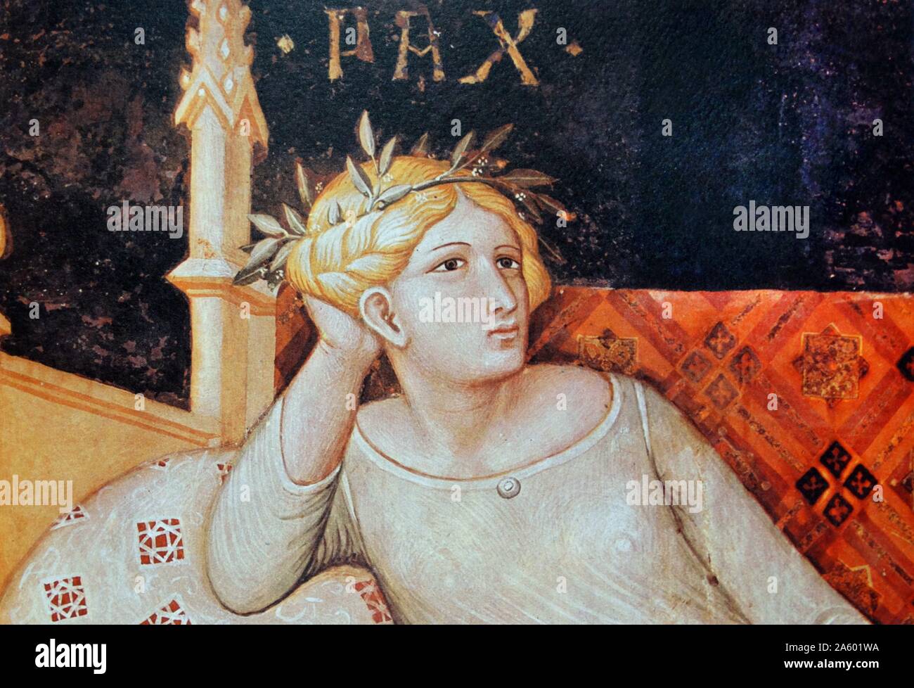 Painting titled 'Allegory of Good Government, Peace' by Ambrogio Lorenzetti (1290-1348) Italian painter of the Sienese school. Dated 14th Century Stock Photo