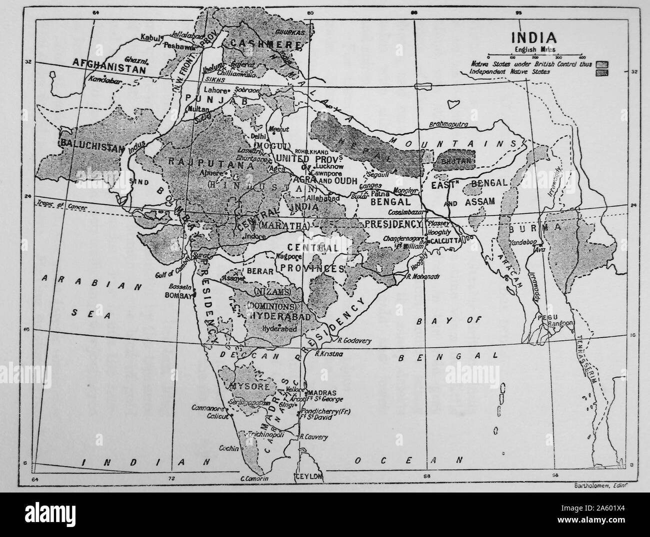 Map showing the British Control over India. Dated 19th Century Stock Photo