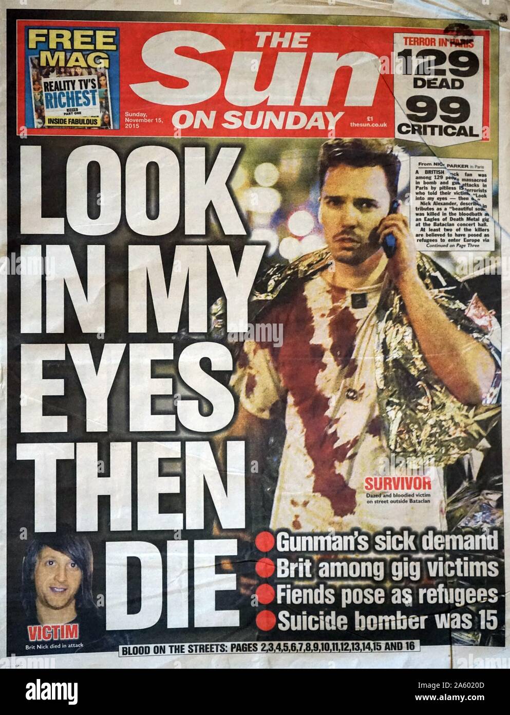 The Sun, front page, following the 13 November 2015, coordinated terrorist attacks in Paris, France. The attackers killed 130 people. Stock Photo
