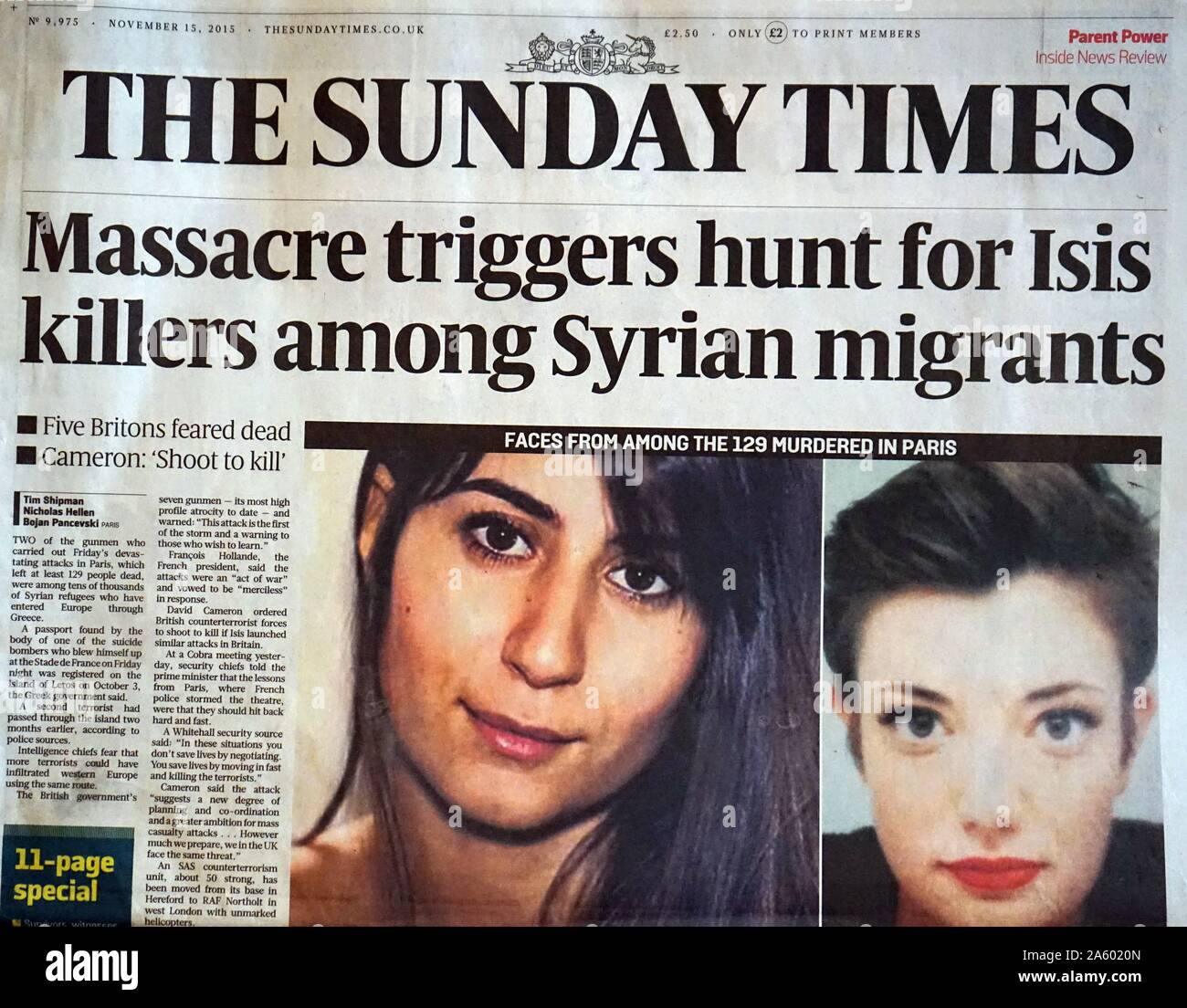 Sunday Times front page, following the 13 November 2015, coordinated terrorist attacks in Paris, France. The attackers killed 130 people. Stock Photo