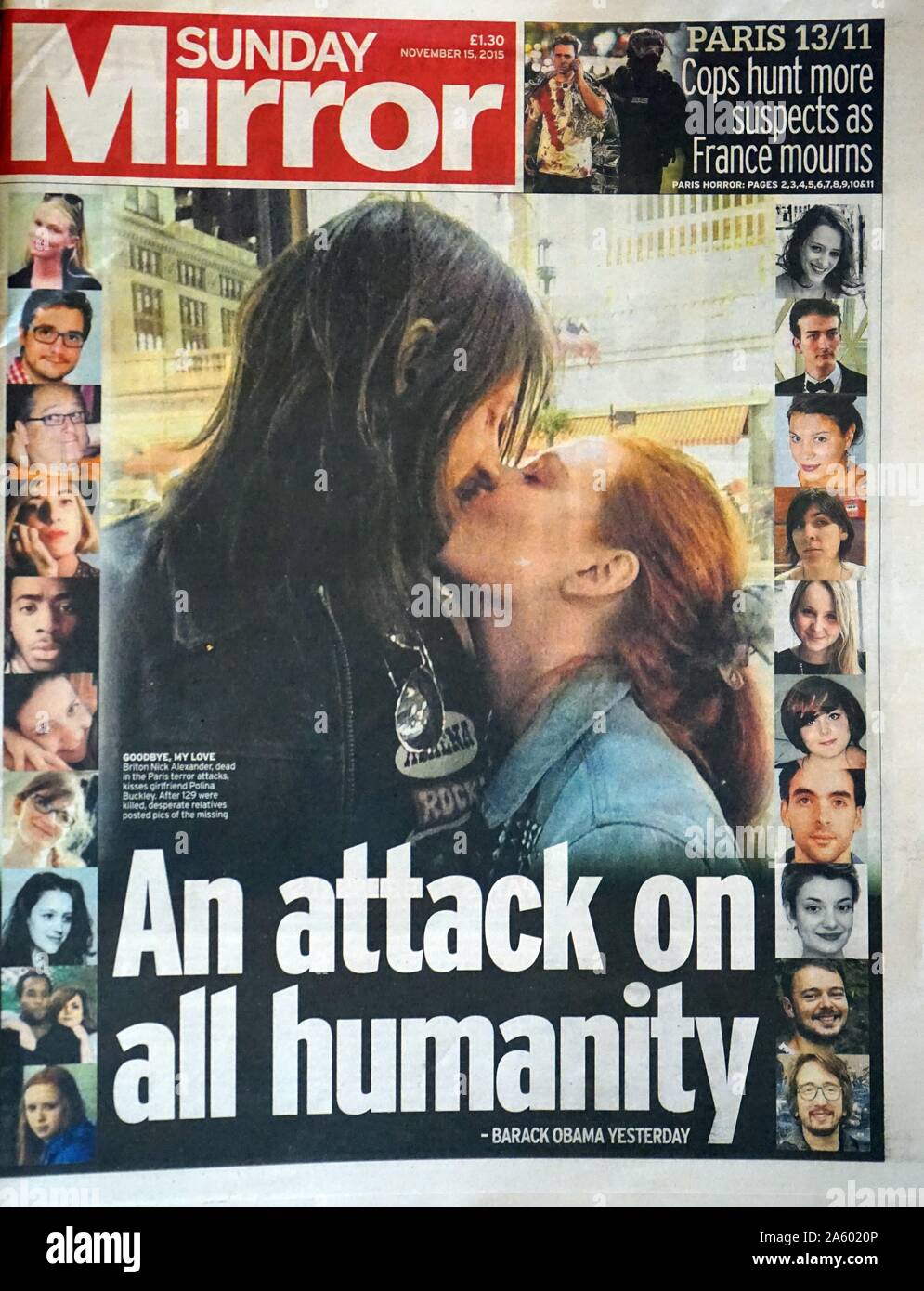 Sunday Mirror, front page, following the 13 November 2015, coordinated terrorist attacks in Paris, France. The attackers killed 130 people. Stock Photo