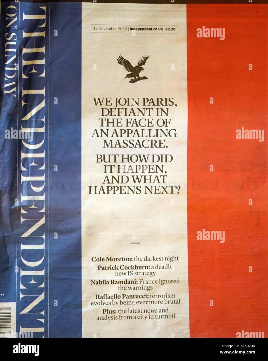 The Independent, front page, following the 13 November 2015, coordinated terrorist attacks in Paris, France. The attackers killed 130 people. Stock Photo