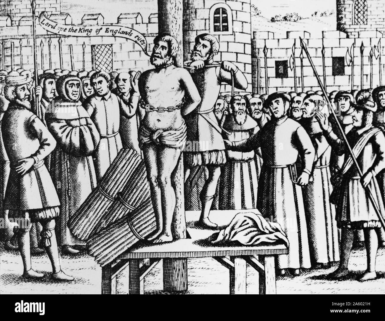 Engraving depicting the execution of the English Martyr , William Tyndale in 1536. From Foxe's 'acts and monuments of Martyrs' 1684. Stock Photo