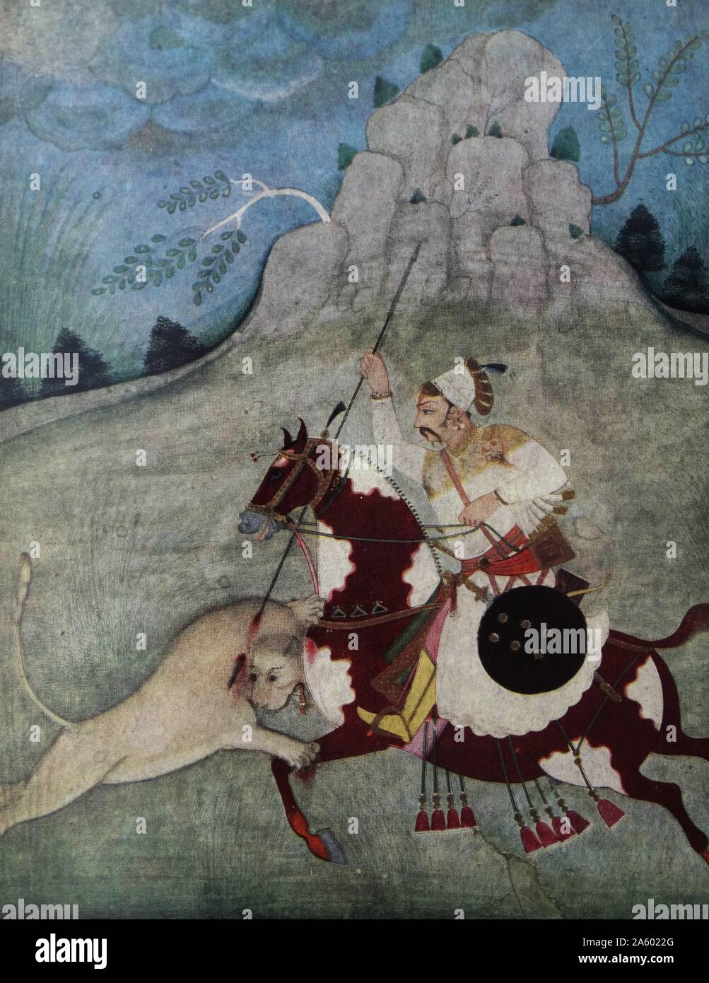 Maharaja Kesari Singh on horseback overcoming a lioness. Bikaner, now Lallgarh Palace, Bikaner, Rajasthan, About 1715-20 Stock Photo