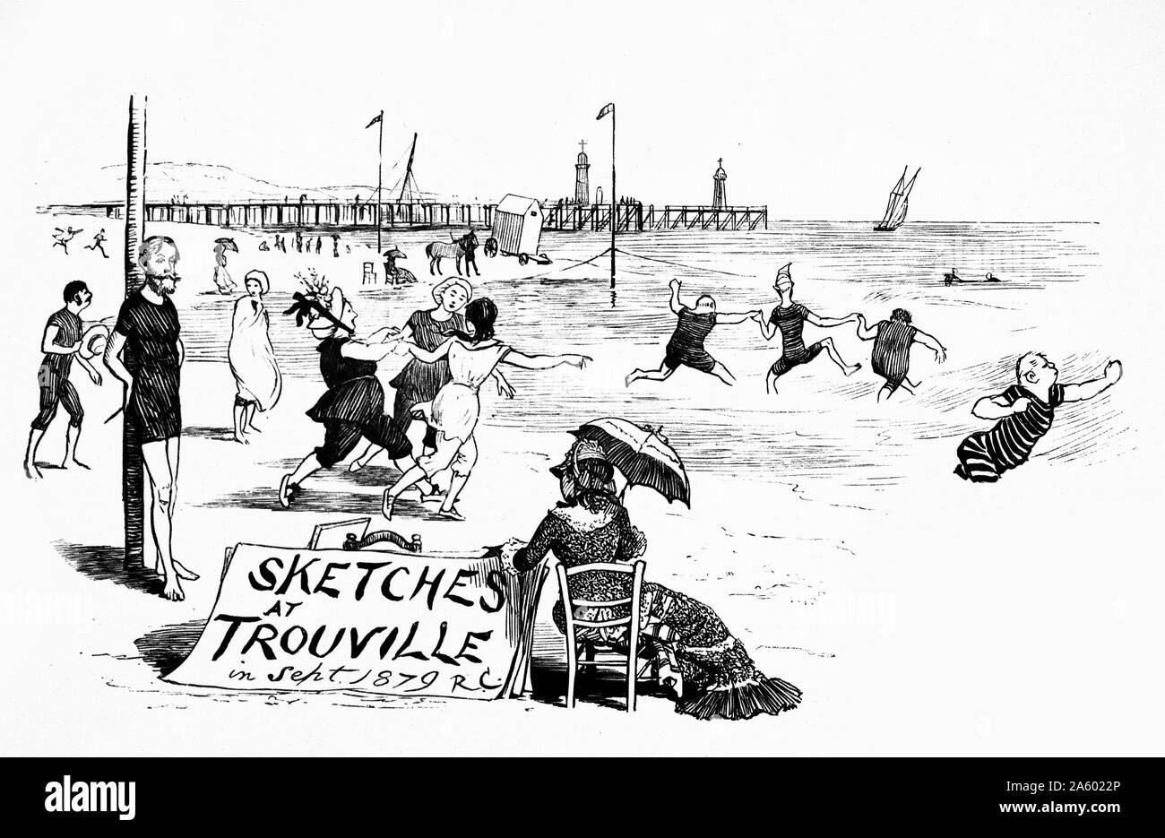 Illustration shows French people enjoying summer on the Trouville-sur-Mer beach. A crowd of individuals are shown playing in the sea, while a female figure offers sketches in the foreground. Dated 1877 Stock Photo