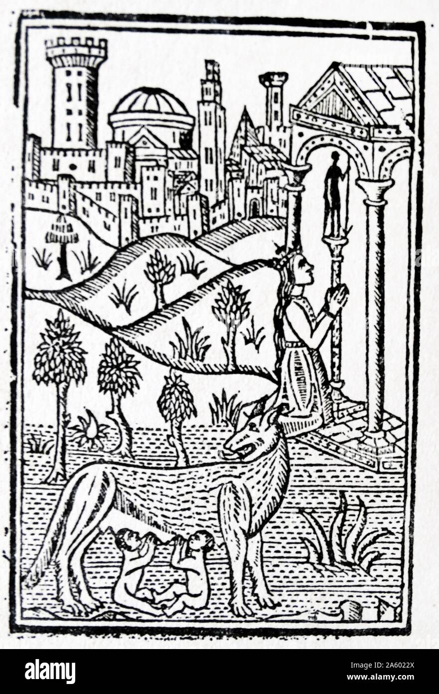 1500's pilgrim guide to Rome. Woodcut depicting the mother of Rome's founders, Romulus and Remus (suckled by woolf), as she prays to Mars Stock Photo