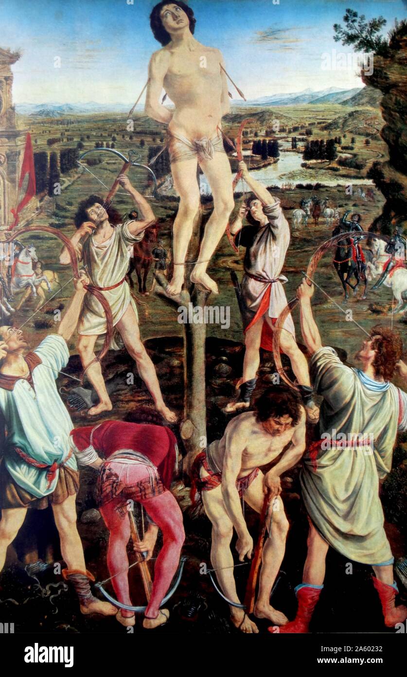 The Martyrdom of Saint Sebastian is a work by Piero del Pollaiuolo, commissioned by the Florentine Pucci family. 1475 Stock Photo