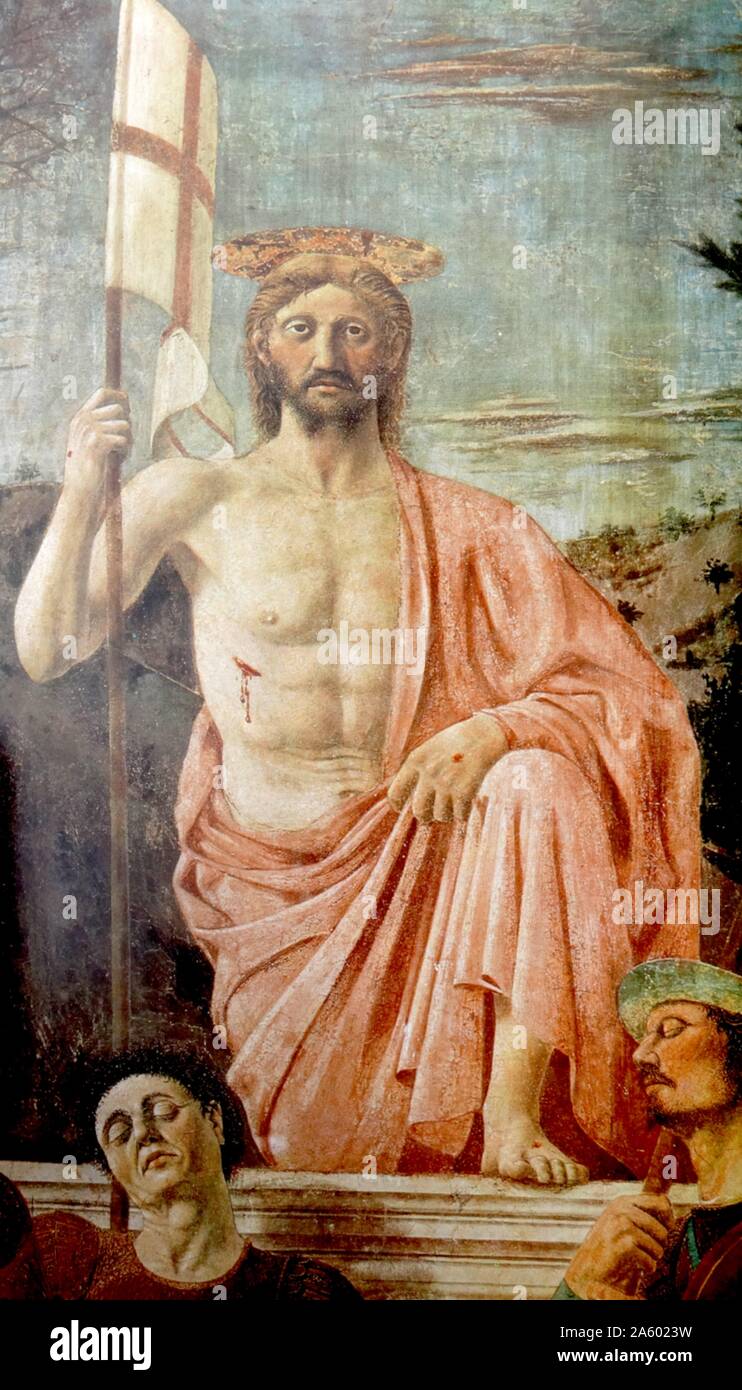 The Resurrection is a fresco painting by the Italian Renaissance master Piero della Francesca, painted around 1463-65. It was painted for the Palazzo della Residenza in the town of Sansepolcro, Province of Arezzo, region of Tuscany Stock Photo