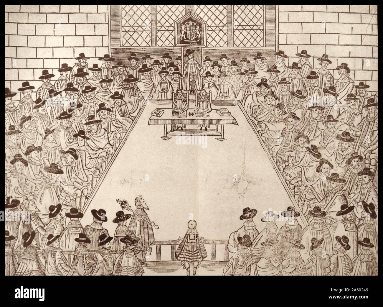 Meeting of the English parliament under the Speaker Sir John Finch 1627 (woodcut). Stock Photo