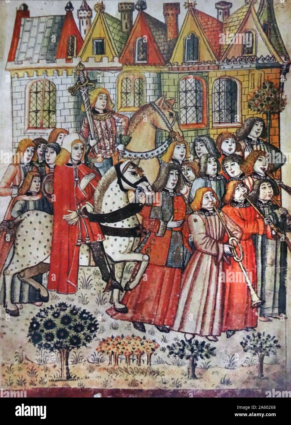 Miniature showing a new knight of the Bath riding through the courtyard of the Tower of London to the royal lodgings in order to present himself to the King. He is accompanied by heralds, trumpeters and his squire carrying his sword and spurs. Illustration from Writhe's Garter Book, 1490. Stock Photo