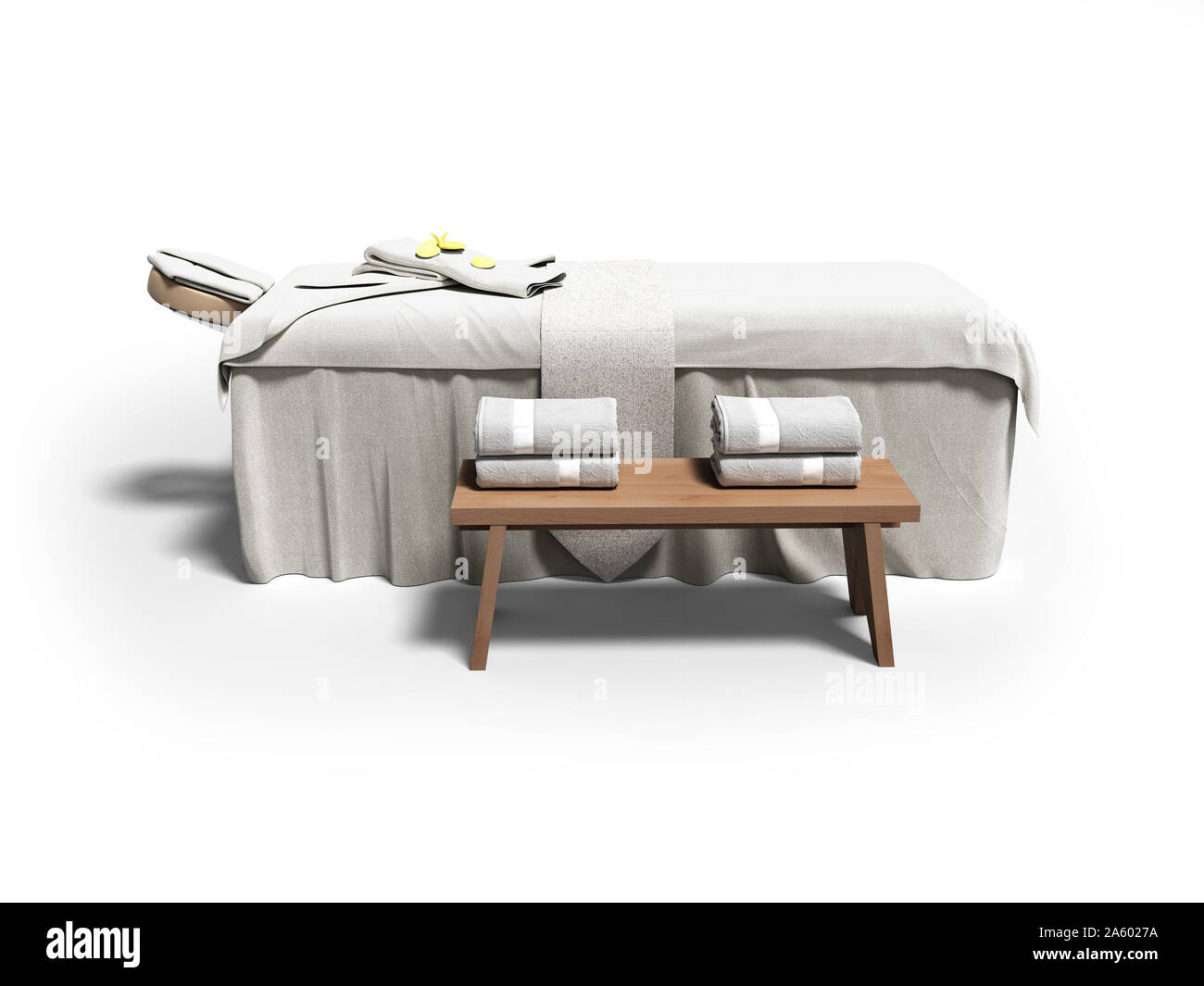 Modern white massage bed with folded towels. 3d render on white background with shadow Stock Photo