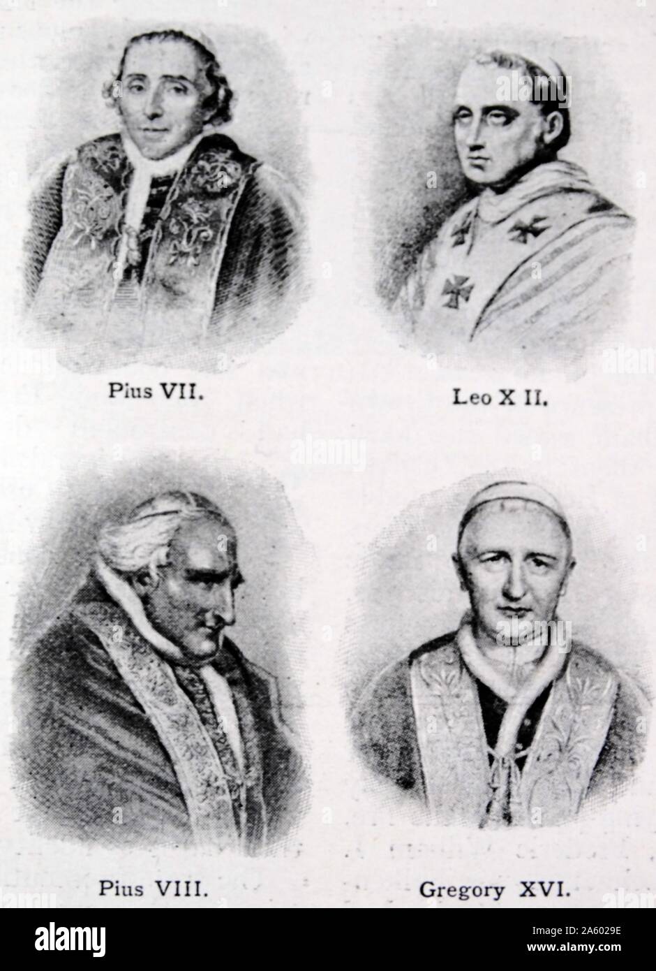 Pius VII, Leo XII, Pius VIII and Gregory XVI - Nineteenth century popes from 1800 to 1846. Stock Photo
