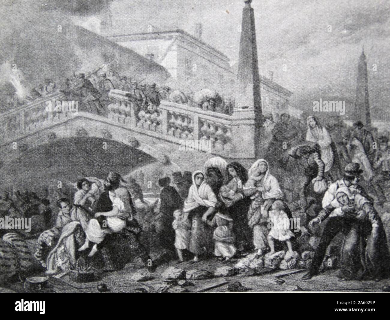 Venetian revolution against the Austrians. 'In the hope of re-establishing her ancient form of government under the presidency of Manin, Venice rose to revolt against Austria in 1848, but after a fifteen months' siege of the city the Austrians compelled it to capitulate.' by W. Glacomelli. Stock Photo