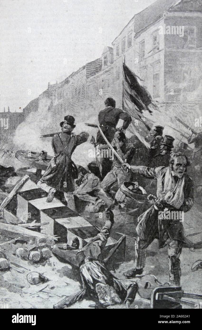 Fighting at the Barricades in Berlin on March 18th 1848 by C. Becker. Stock Photo