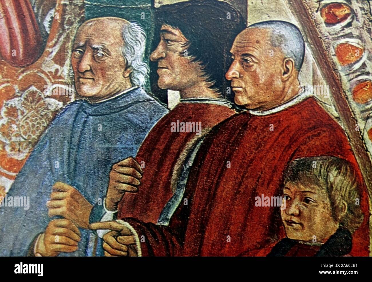 Painting depicting members of the Sassetti Family by Benozzo Gozzoli (1420-1497) an Italian Renaissance painter from Florence. Stock Photo