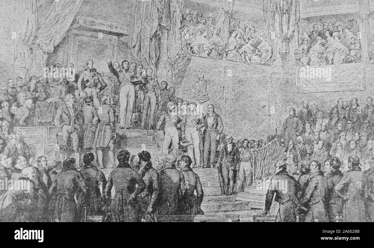 Louis Philippe taking the oath of constitution on August 9th 1830 before an assembly of the Chambers. Stock Photo