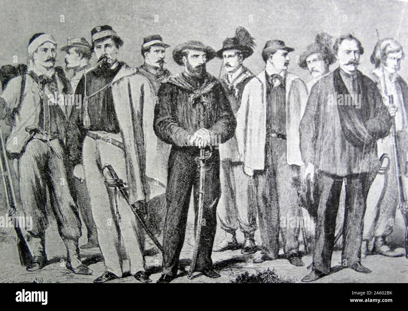 Illustration of Giuseppe Garibaldi (1807-1882) an Italian general and politician who played a large role in the history of Italy, with a group of Patriot heroes. Dated 19th Century. Stock Photo