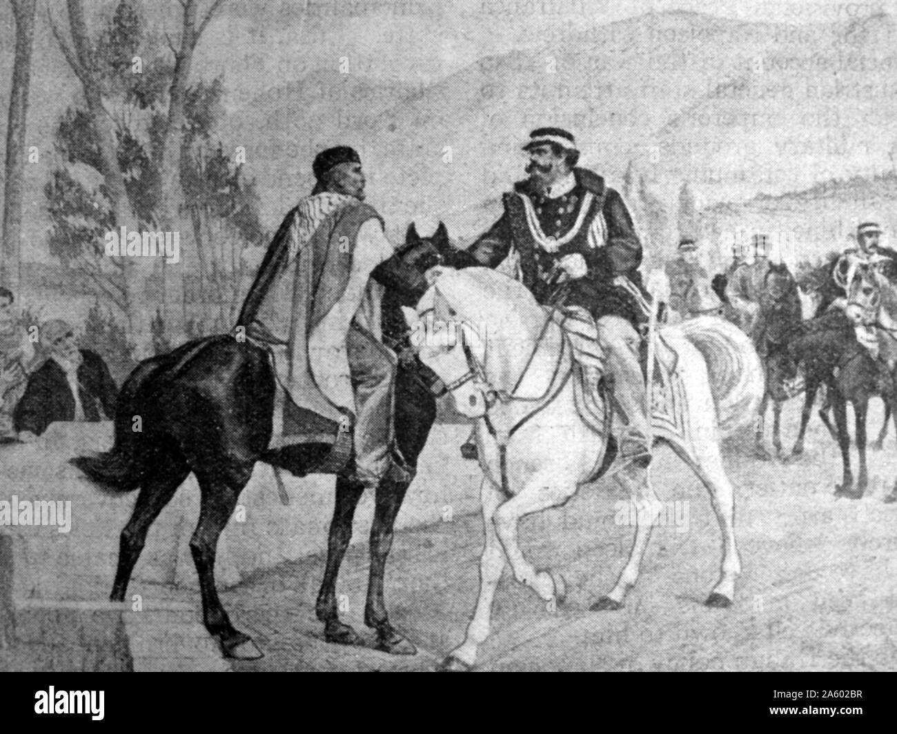 Illustration of Giuseppe Garibaldi (1807-1882) an Italian general and politician who played a large role in the history of Italy, with Victor Emmanuel II of Italy (1820-1878) King of Sardinia. Dated 19th Century. Stock Photo