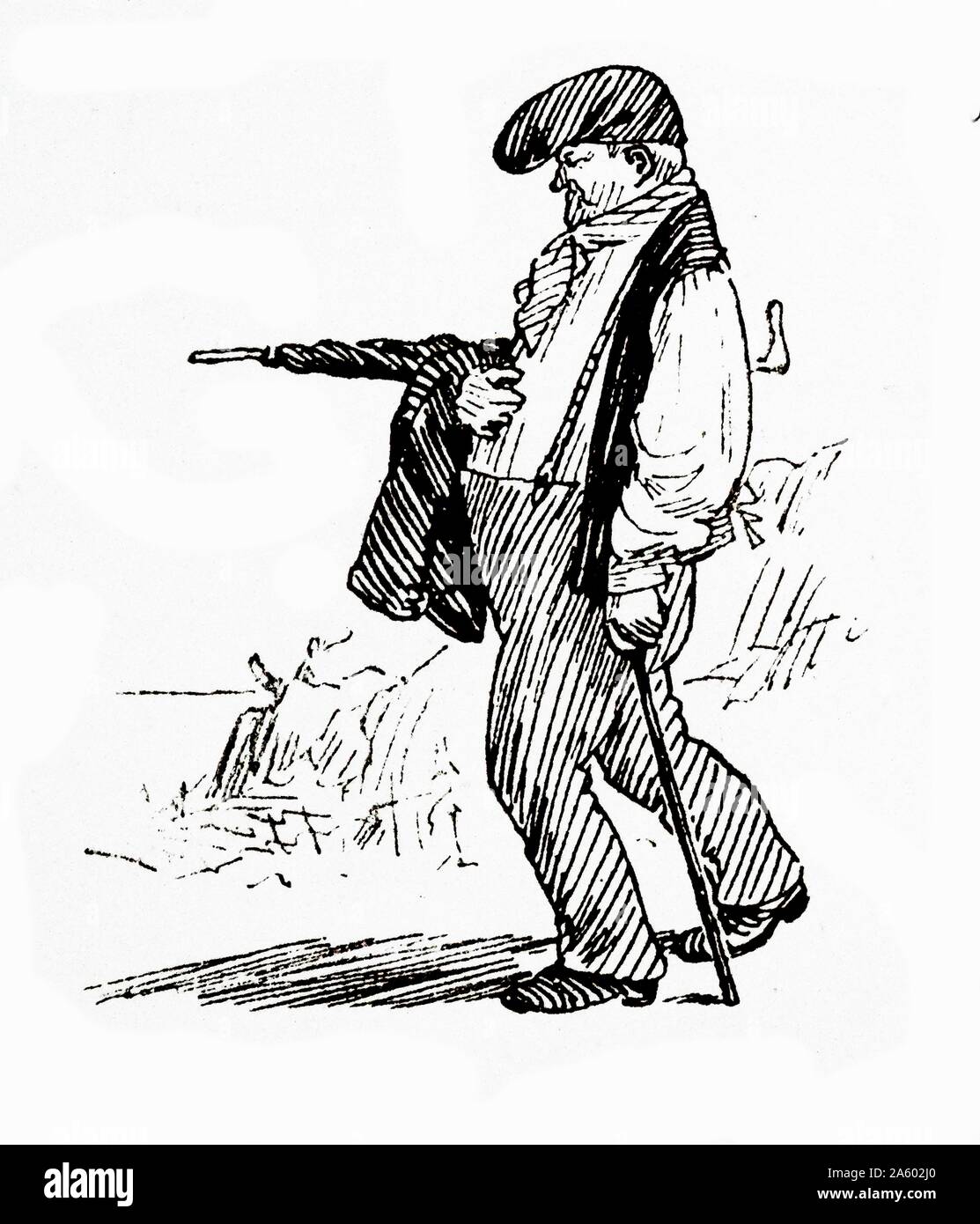 Illustrated travel correspondence from Monaco, by Randolph Caldecott 1846-1886. Depicts a local man with beret and umbrella c1882 Stock Photo