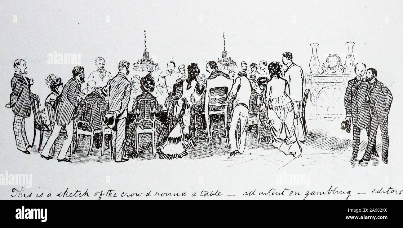 Illustrated travel correspondence from France, by Randolph Caldecott 1846-1886. Depicts people gambling at roulette or cards. c1884 Stock Photo