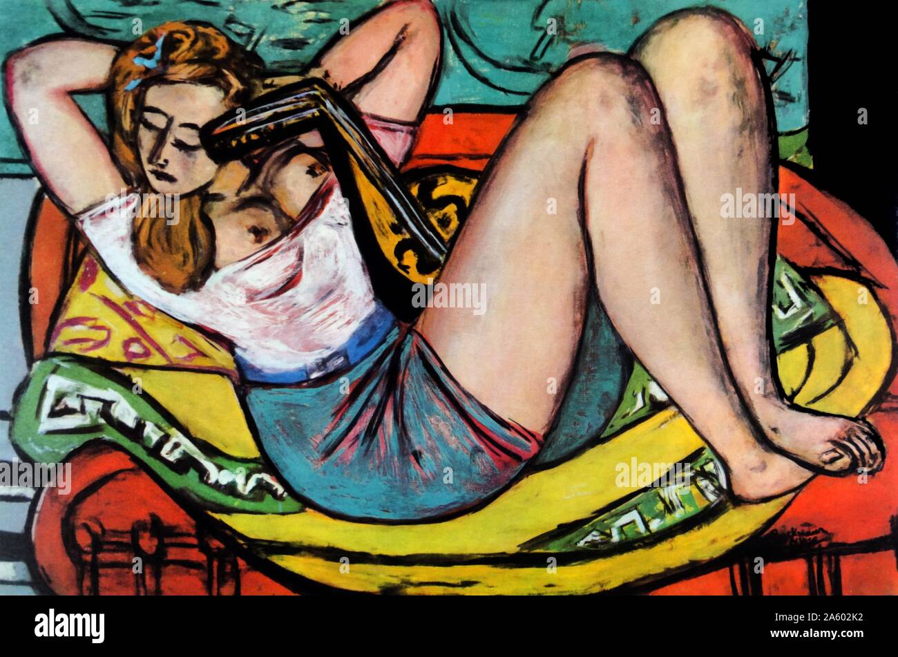 Reclining woman with Mandolin (Frau mit Mandoline in Gelb und Rot) 1950 by Max Beckmann (1884 – December 27, 1950). German painter, draftsman, printmaker, sculptor, and writer. Although he is classified as an Expressionist artist, he rejected both the term and the movement Stock Photo