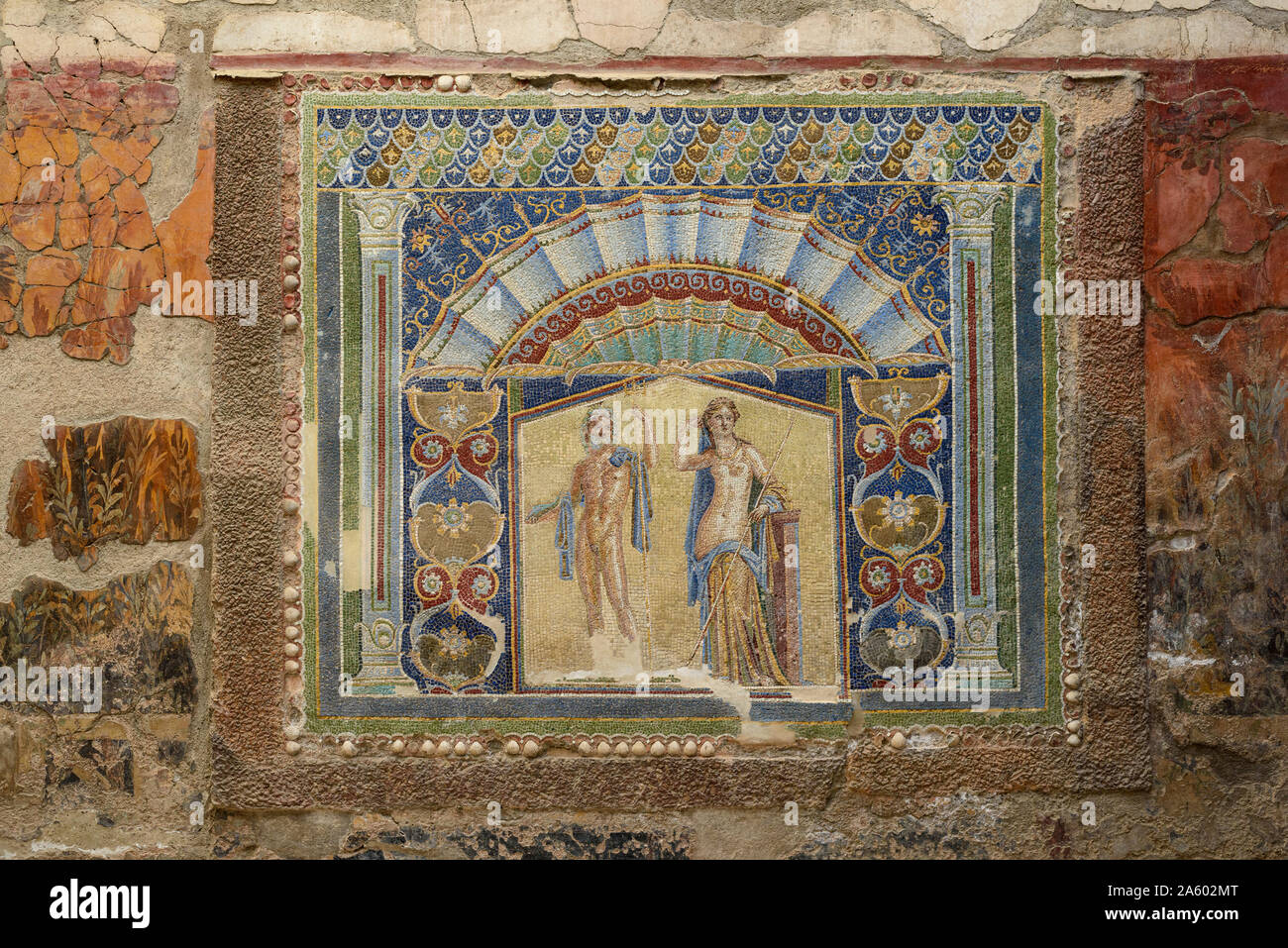 Ercolano. Italy. Archaeological site of Herculaneum. Mosaic depicting Neptune & Amphitrite (aka Neptune and Salacia), in the Casa di Nettuno e Anfitri Stock Photo