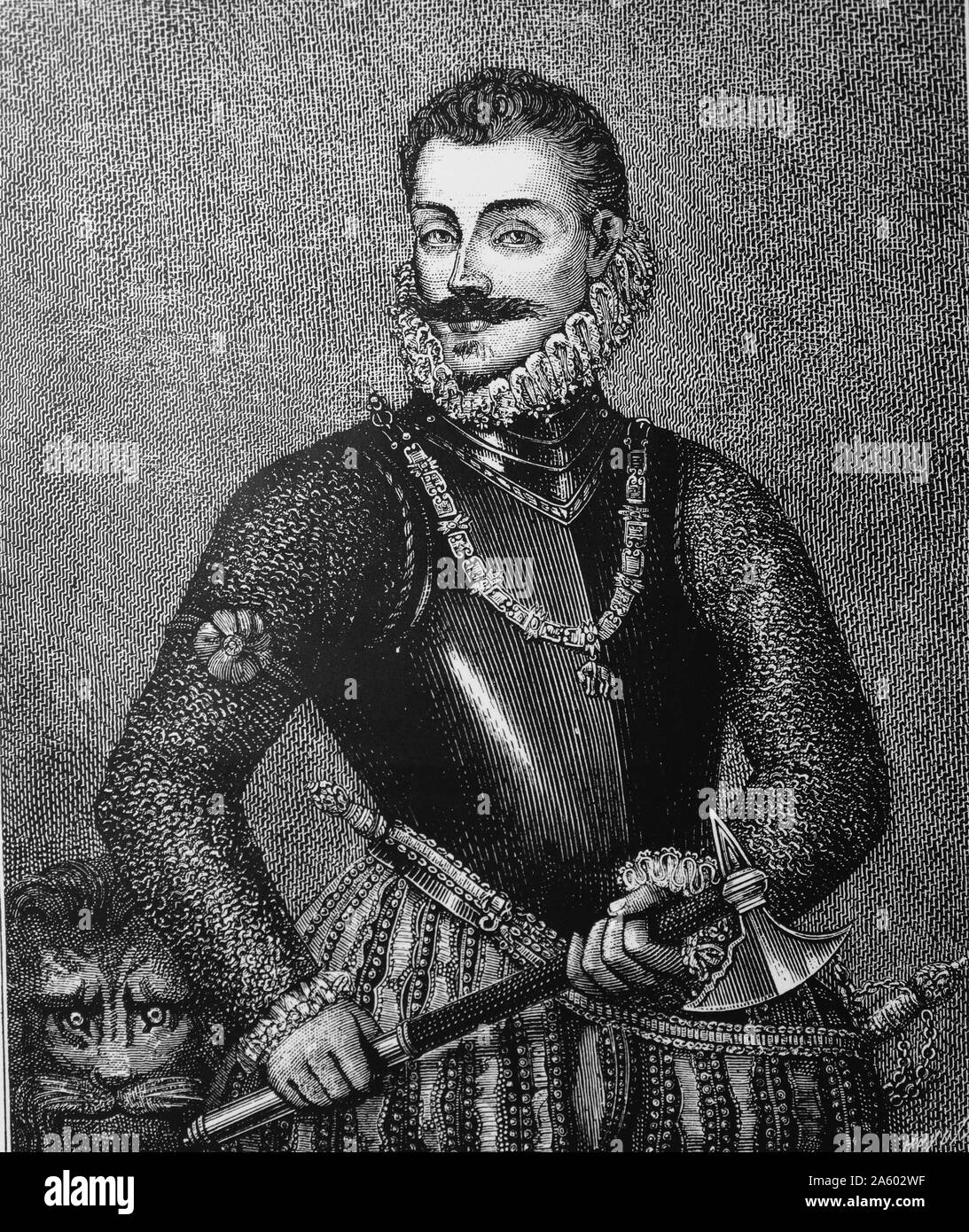 Don JOHN (Juan) of Austria - 1547-1578shown holding a boarding axe as a souvenir of the battle of Lepanto. Illegitimate son of Emperor Charles V, half-brother of Philip II of Spain. Victor of LEPANTO (1571), Governor of the Spanish Netherlands (1576) Stock Photo