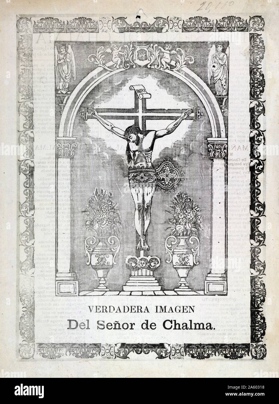 True image of the lord of Chalma by Jose Guadalupe (1852-1913). Print on cream ground wood paper : relief cuts, with text in letterpress. Broadside shows a statue of the crucified Christ. On the verso, accompanying text describes a miracle performed by the Lord of Chalma. Fidencio's father, Regino Esteves, ad lost his faith in Catholicism and had become a Protestant. When he found his son praying to the Lord of Chalma, he threw him into a hot stove. The text says that despite this tragedy, the child recovered. As a witness to this miracle the father converted back to Catholicism. Stock Photo