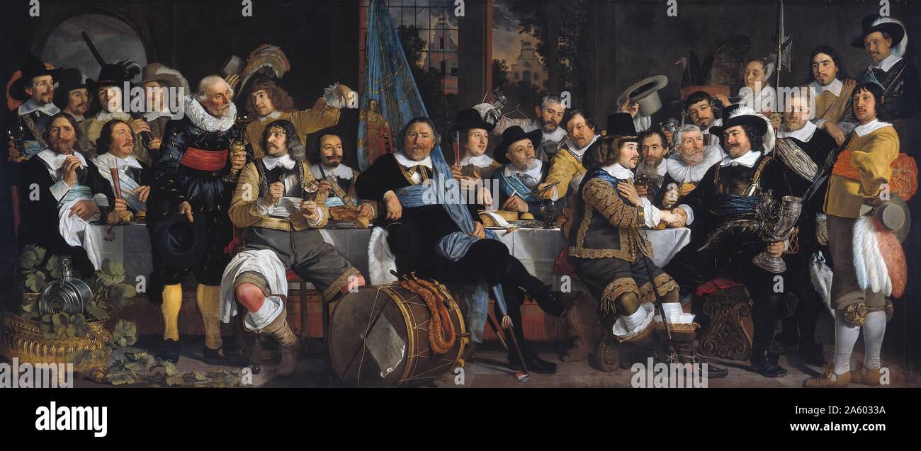 Amsterdam citizens celebrating the Peace of Munster, 1648, painting by Bartholomeus van der Helst. On 30 January 1648 the war ended with the Treaty of Munster between Spain and the Netherlands. In Munster on 15 May 1648, the parties exchanged ratified copies of the treaty. This treaty was part of the European-scale Peace of Westphalia that also ended the Thirty Years War. In the treaty, the power of balance in western Europe was readjusted to the actual geopolitical reality. Stock Photo