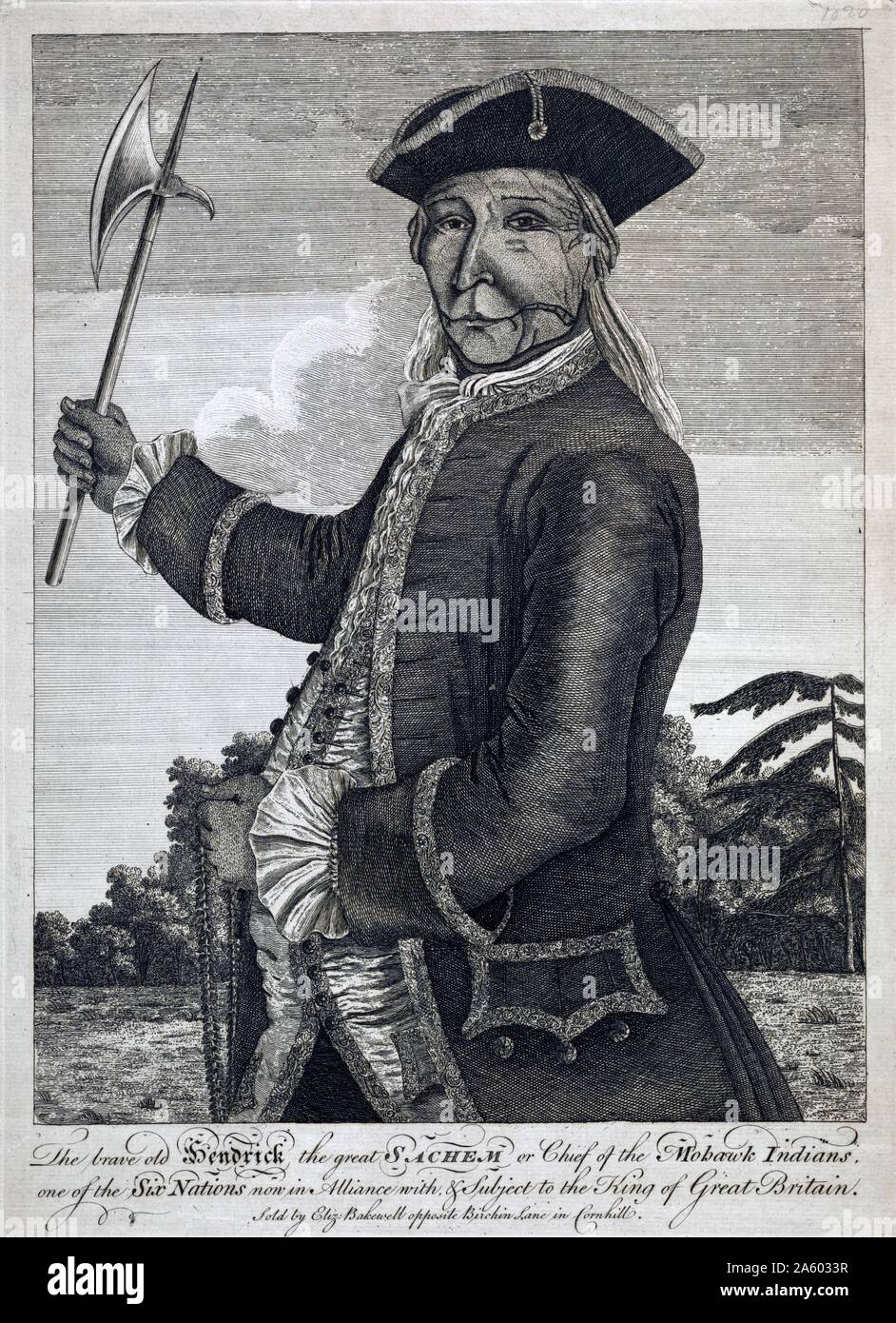 Print of Hendrick, Tiyanoka, also spelled Theyanoguin or Tee Yee Neen Ho Ga Row, the great Mohawk sachem, half-length portrait, facing left, wearing European style military uniform and holding hatchet in his right hand and a wampum belt in his left. 'Hendrick' was one of four Mohawk Indians who visited England in 1710 and again in 1740. On his second visit he received elaborate court clothing trimmed with gold lace. This print may be based on a painting made from that visit. Stock Photo