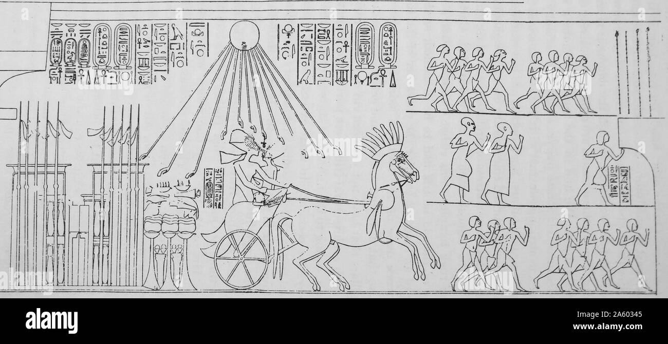 18th Dynasty, egyptian bas-relief in the tomb of Mahu, the Chief of Police, shows Akenhaten with his queen Nefatiti travelling by chariot with Mahu running ahead with the bodyguard Stock Photo