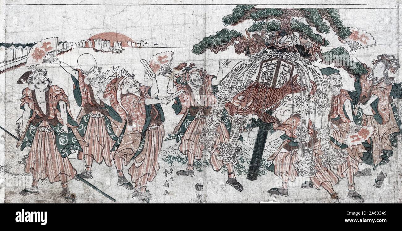 Woodcut illusration of the seven lucky gods of Japan. Dated c1890 Stock Photo