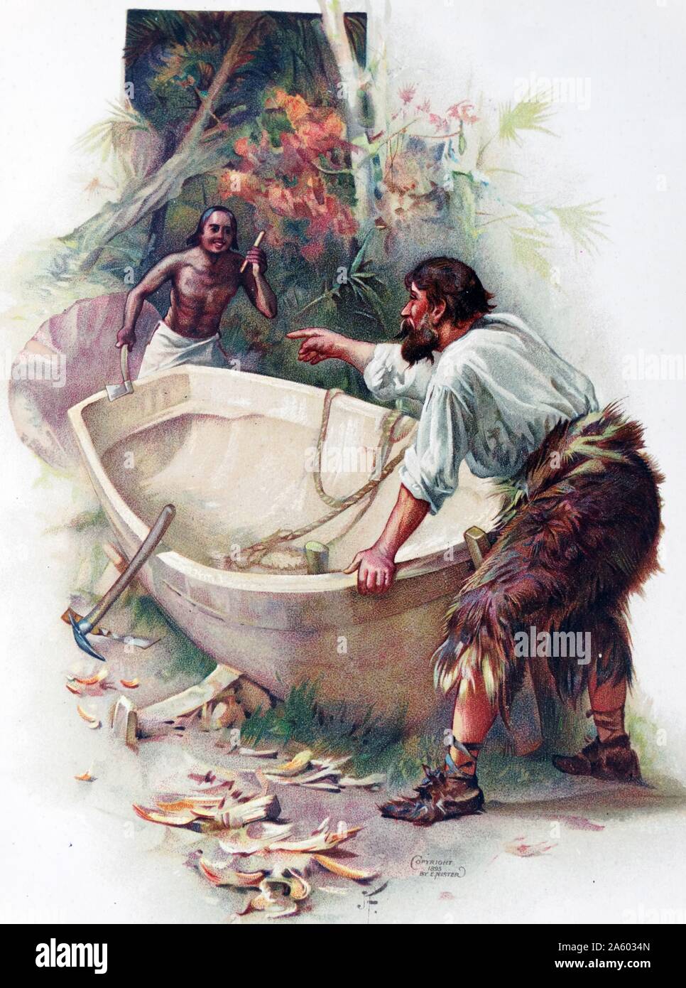 Illustration from a nineteenth century edition of 'Robinson Crusoe' a novel by Daniel Defoe. The book was first published on 25 April 1719. It relates the story of Robinson Crusoe, stranded on a desert Island for 28 years and his subsequent fight for survival. Stock Photo