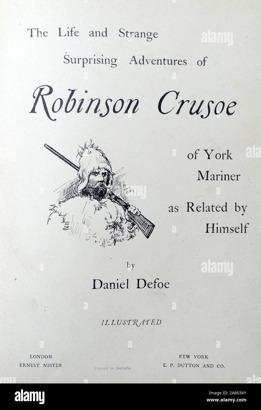 Title page Illustration, from a nineteenth century edition of 'Robinson Crusoe' a novel by Daniel Defoe. The book was first published on 25 April 1719. It relates the story of Robinson Crusoe, stranded on a desert Island for 28 years and his subsequent fight for survival. Stock Photo