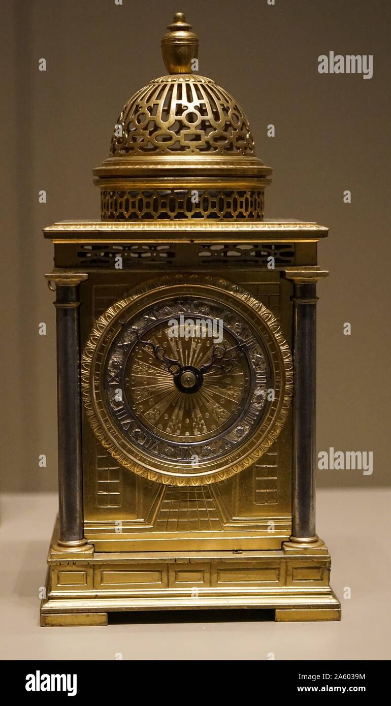 17th Century spring driven table clock. Dated 1600 Stock Photo