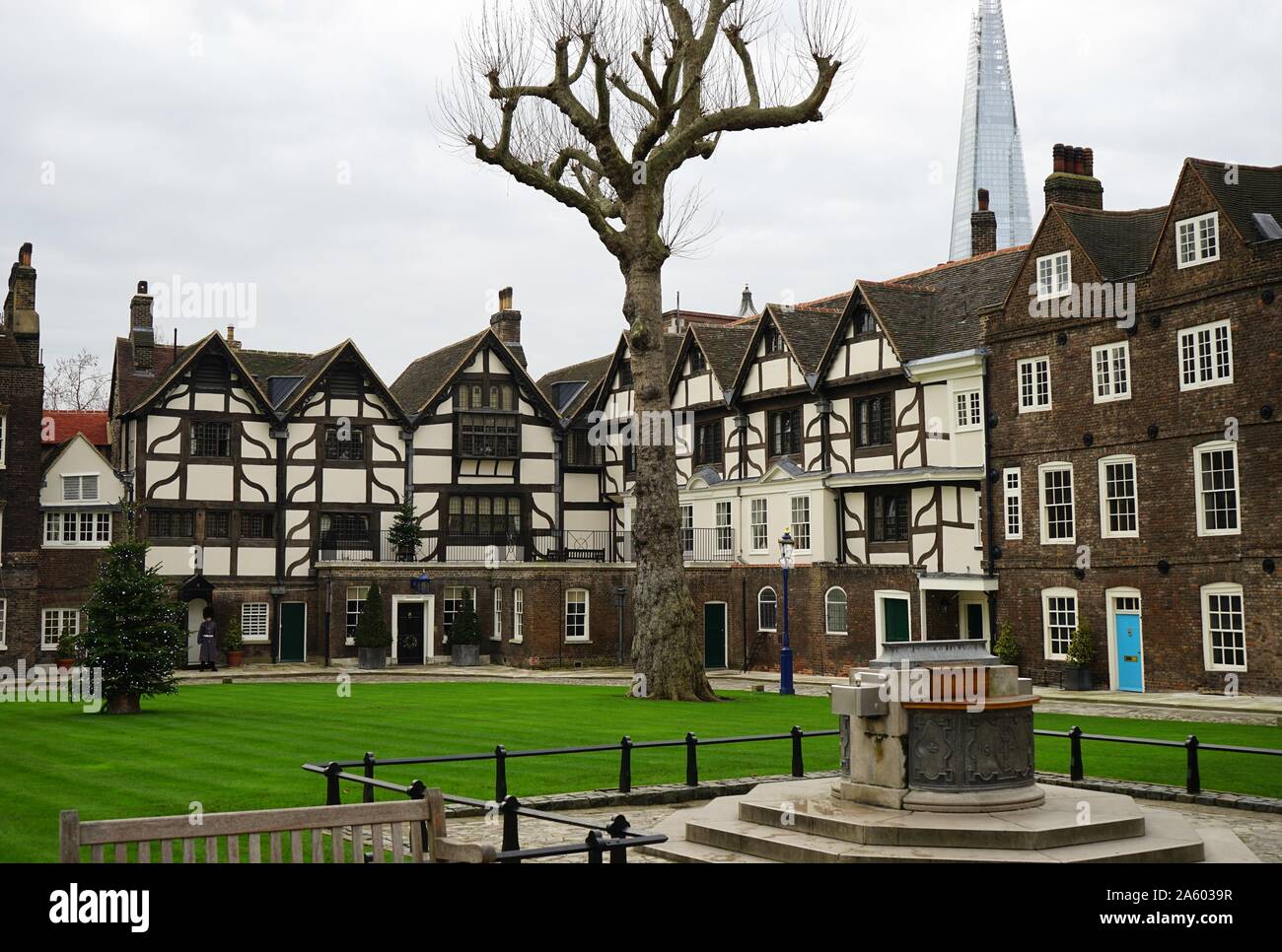 Views around the Tower of London, a historic castle located on the north bank of the River Thames in central London. Completed in the 14th Century. From the 12th Century until the 20th Century the castle was used as a prison. Dated 2015 Stock Photo