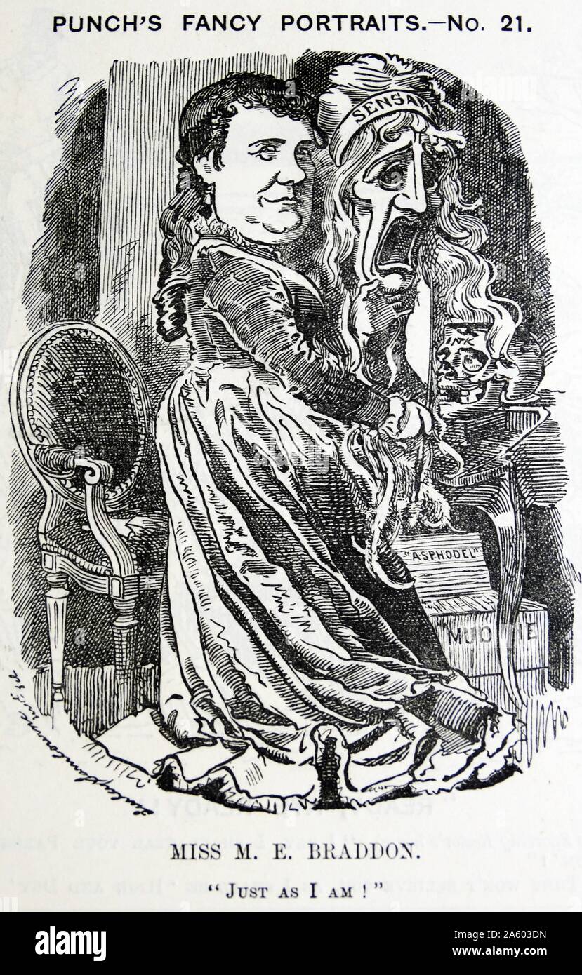 Illustrated portrait of Mary Elizabeth Braddon (Maxwell) (1837-1915) a British novelist. By Edward Linley Sambourne. Dated 1881 Stock Photo