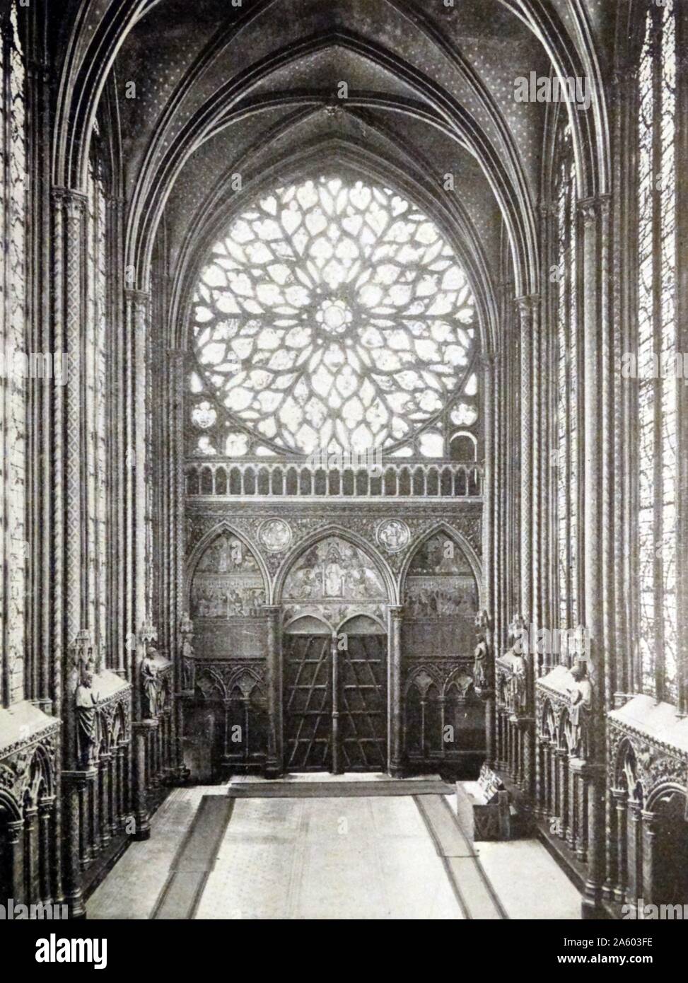 Interior of Sainte-Chapelle, a royal medieval Gothic chapel. Dated 19th ...