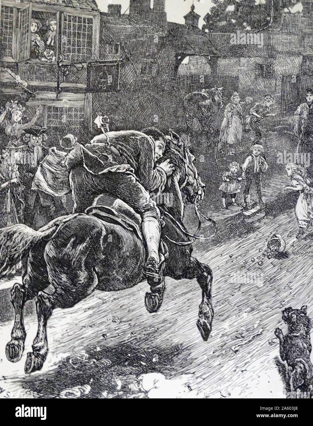 Illustration depicting a 18th century messenger racing by horseback through a street Stock Photo