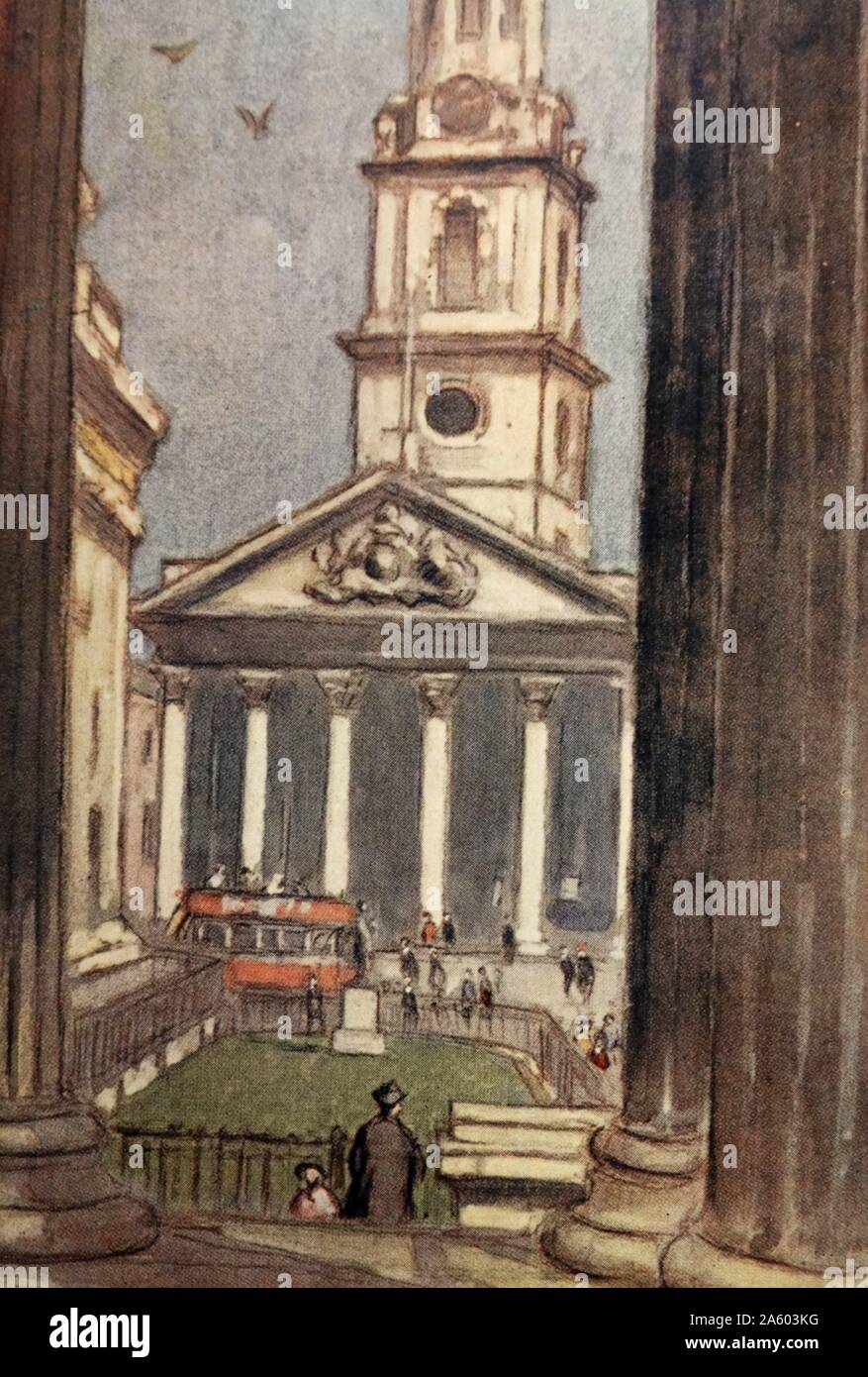 Coloured sketch of St Martin-in-the-Fields, an English Anglican church at the north-east corner of Trafalgar Square in the City of Westminster, London. Dated 20th Century Stock Photo